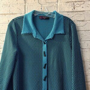 Peck & Peck Textured Button-Front Tunic Jacket – Teal & Black Dot Pattern – L